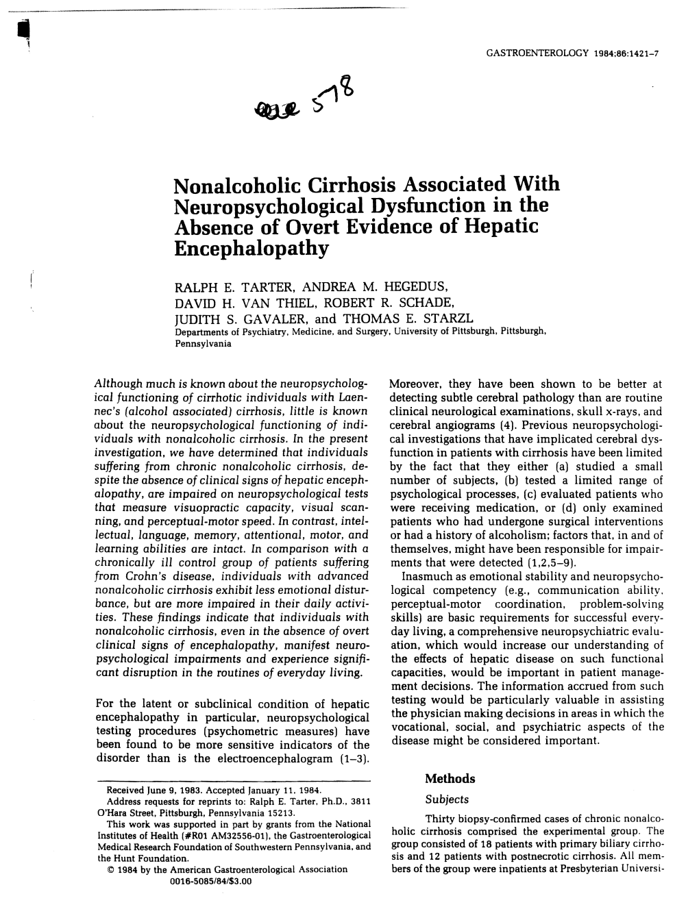 Nonalcoholic Cirrhosis Associated with Neuropsychological Dysfunction in the Absence of Overt Evidence of Hepatic Encephalopathy