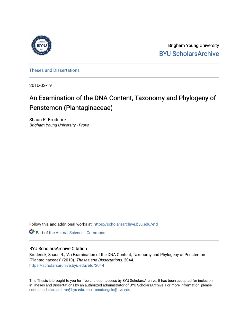 An Examination of the DNA Content, Taxonomy and Phylogeny of Penstemon (Plantaginaceae)