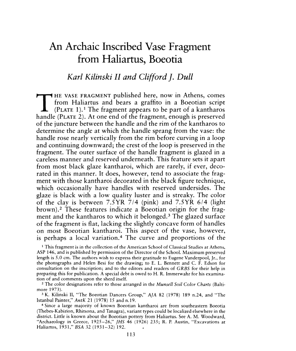 An Archaic Inscribed Vase Fragment from Haliartus, Boeotia , Greek, Roman and Byzantine Studies, 22:2 (1981:Summer) P.113