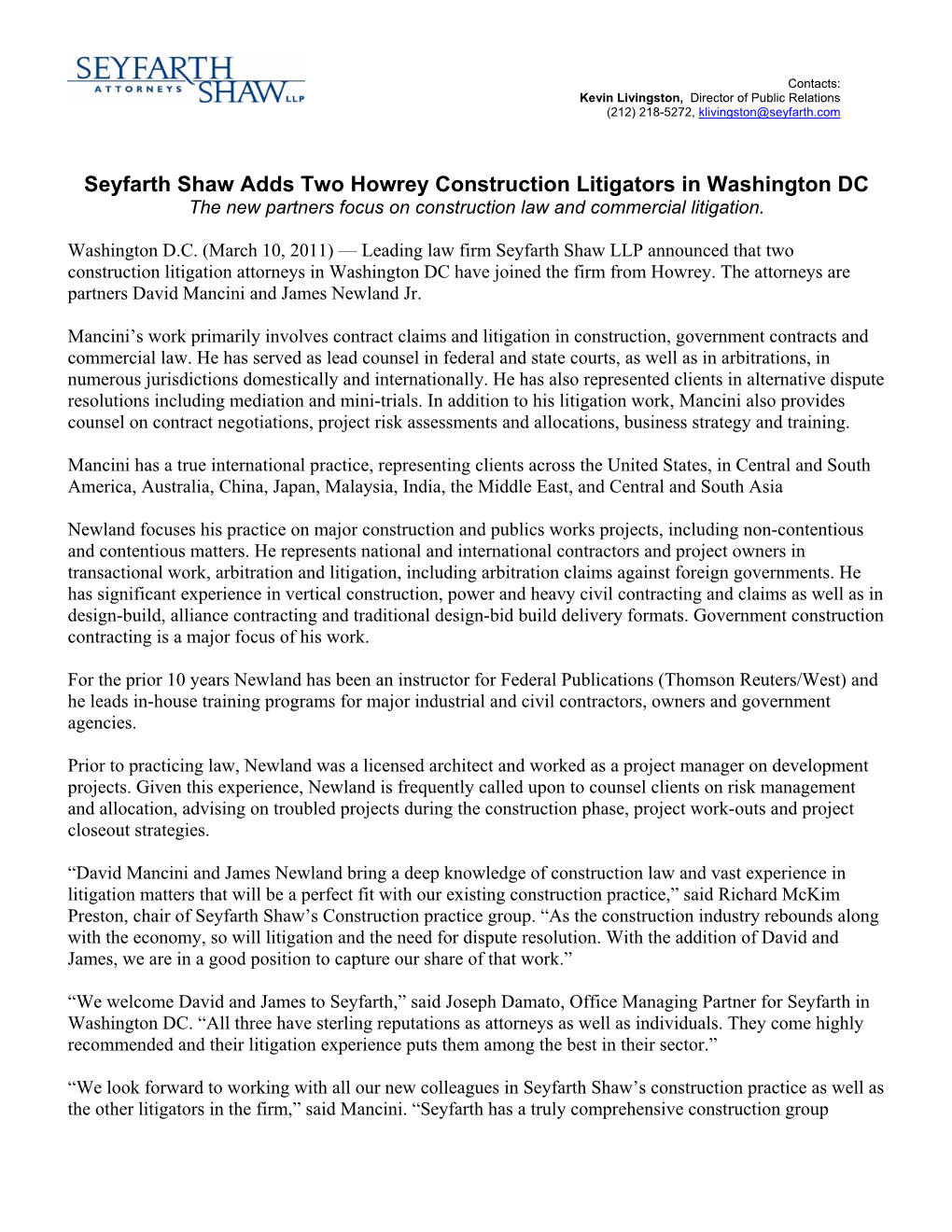 Seyfarth Shaw Adds Two Howrey Construction Litigators in Washington DC the New Partners Focus on Construction Law and Commercial Litigation