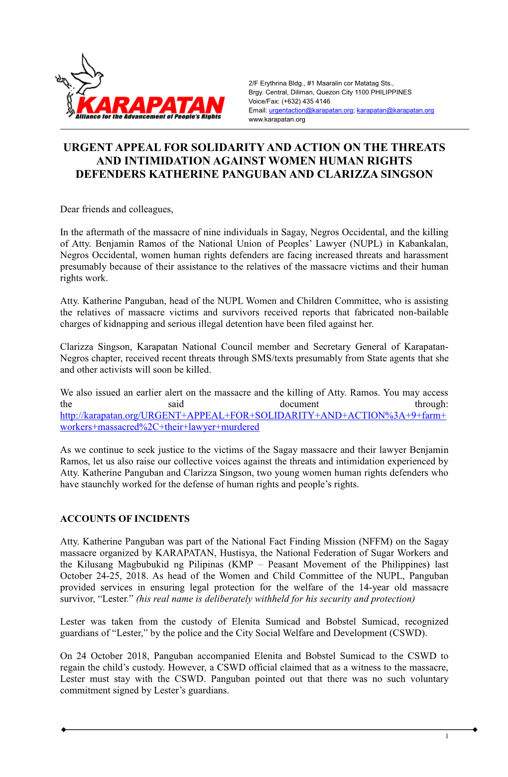 Urgent Appeal for Solidarity and Action on the Threats and Intimidation Against Women Human Rights Defenders Katherine Panguban and Clarizza Singson