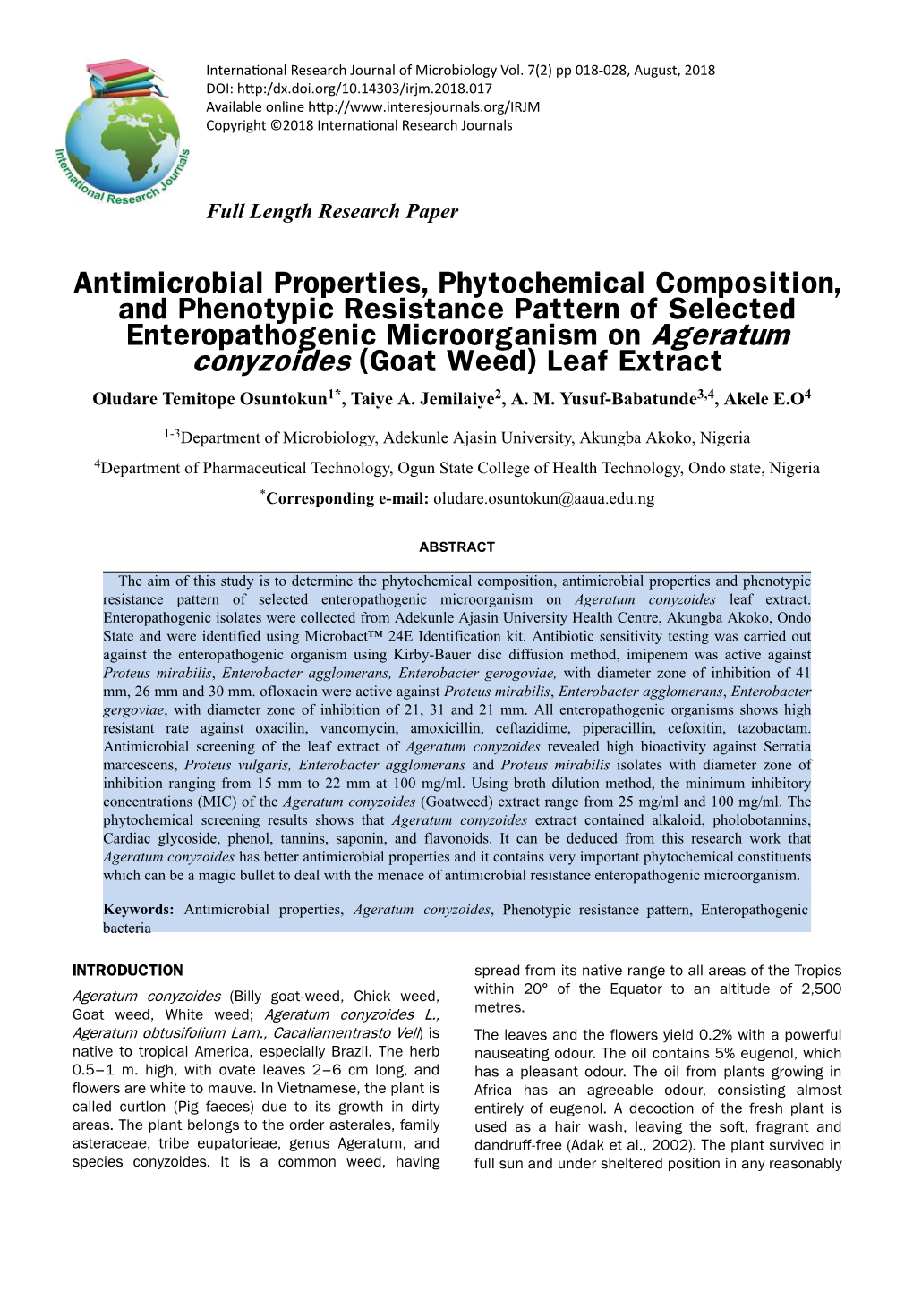 Antimicrobial Properties, Phytochemical Composition, and Phenotypic Resistance Pattern of Selected Enteropathogenic Microorganis