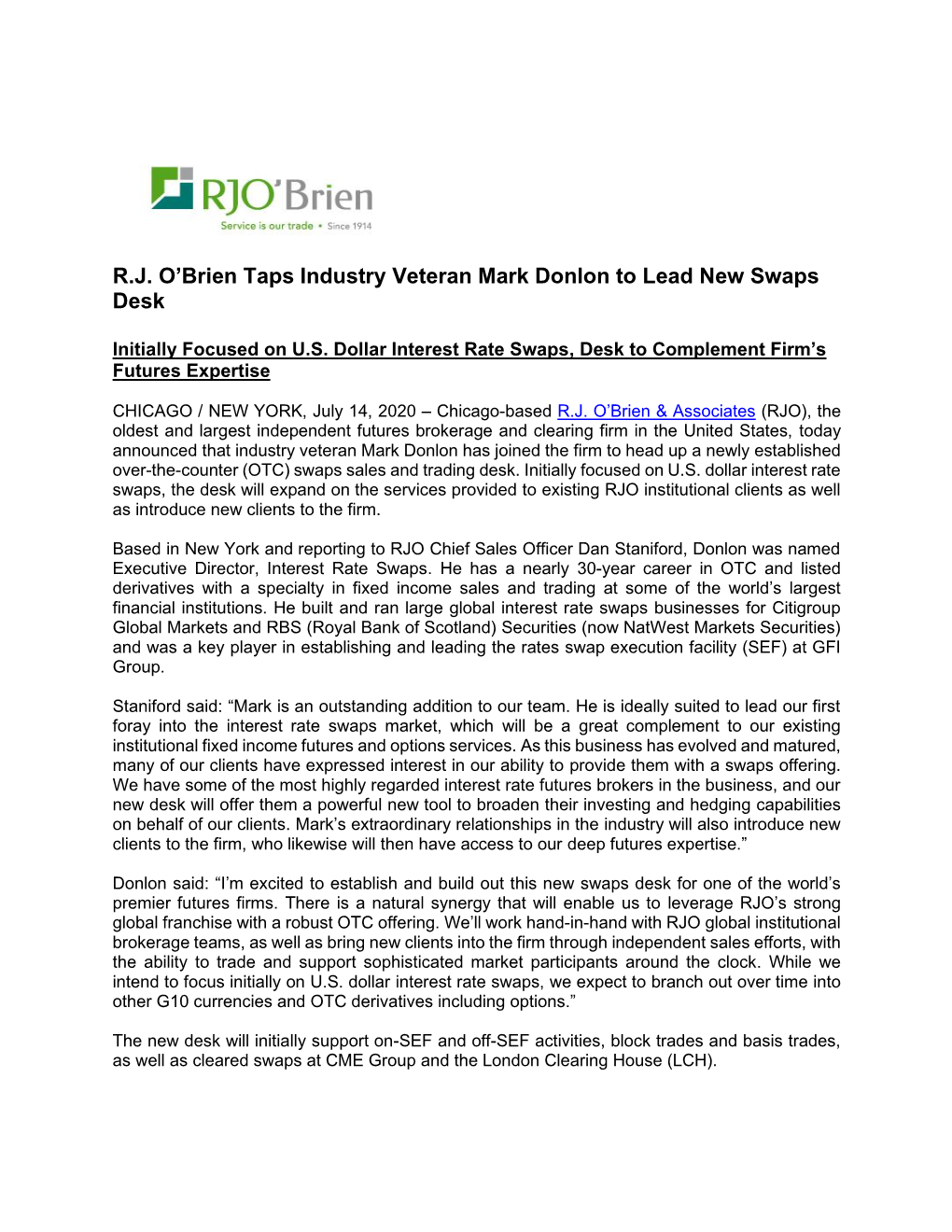 R.J. O'brien Taps Industry Veteran Mark Donlon to Lead New Swaps