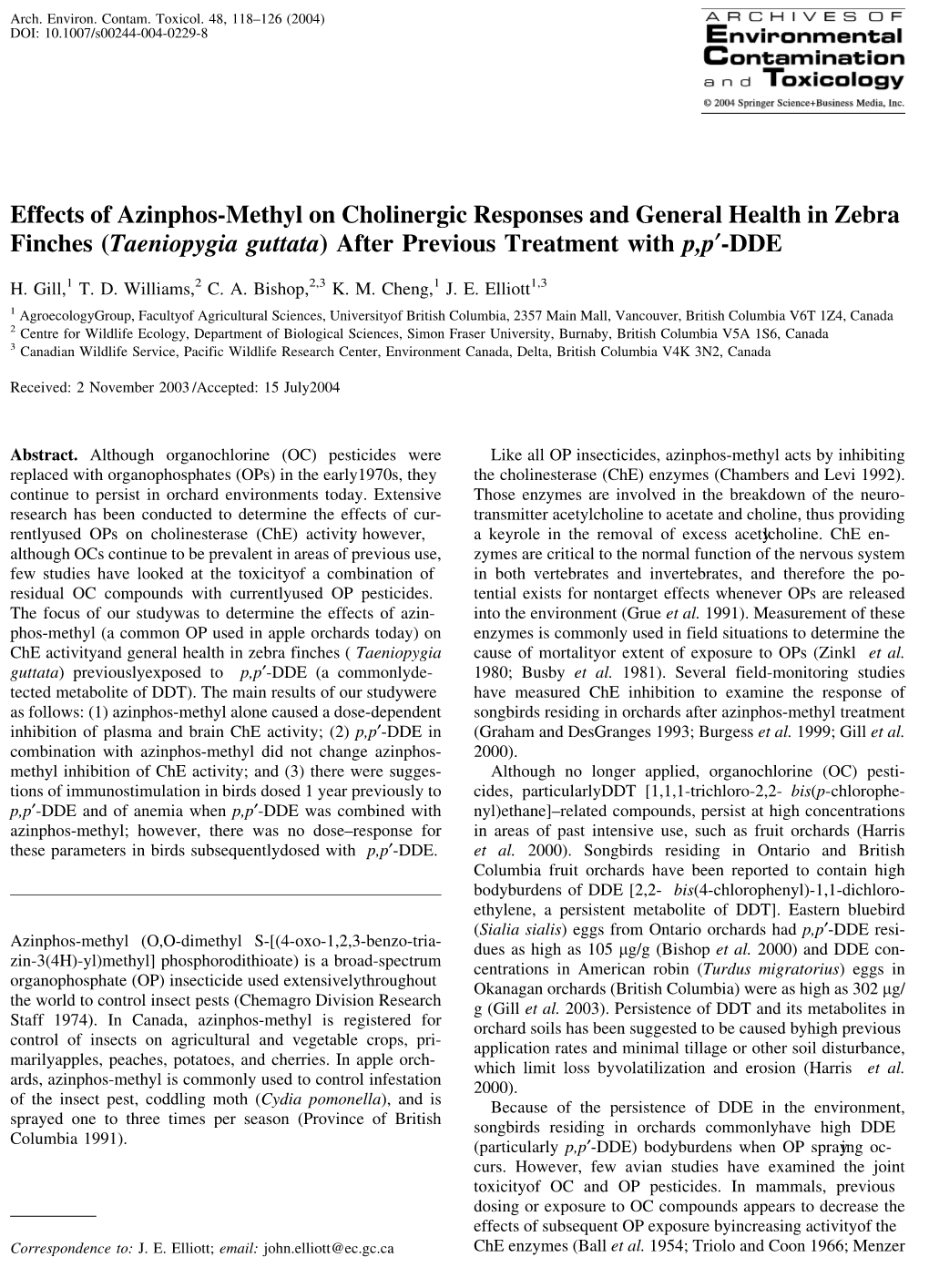 Effects of Azinphos-Methyl on Cholinergic Responses and General Health in Zebra Finches (Taeniopygia Guttata) After Previous Treatment with P,P¢-DDE