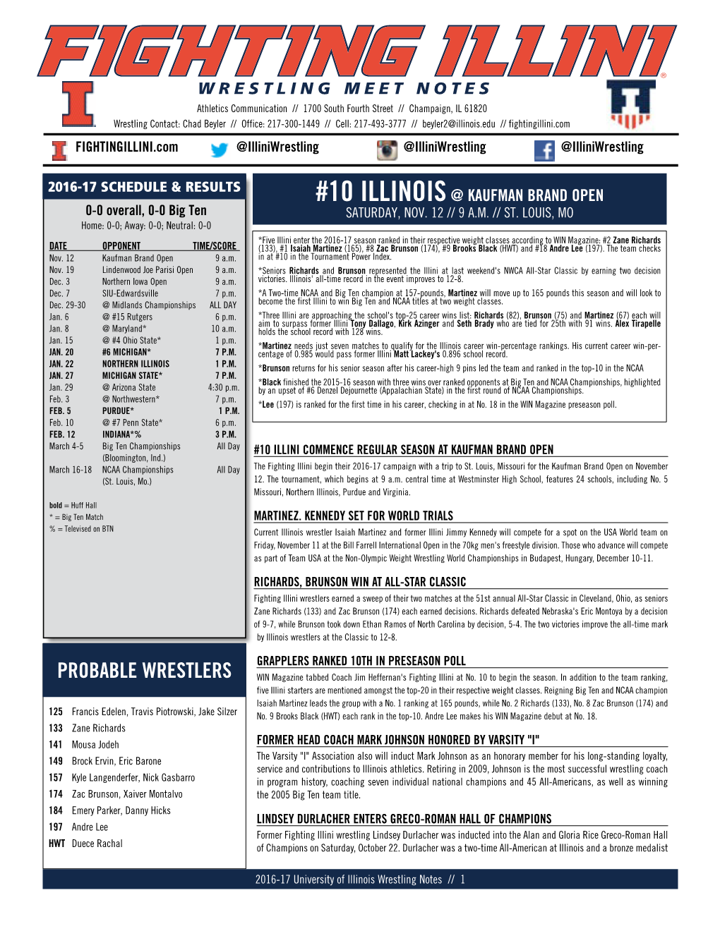 PROBABLE WRESTLERS WIN Magazine Tabbed Coach Jim Heffernan's Fighting Illini at No