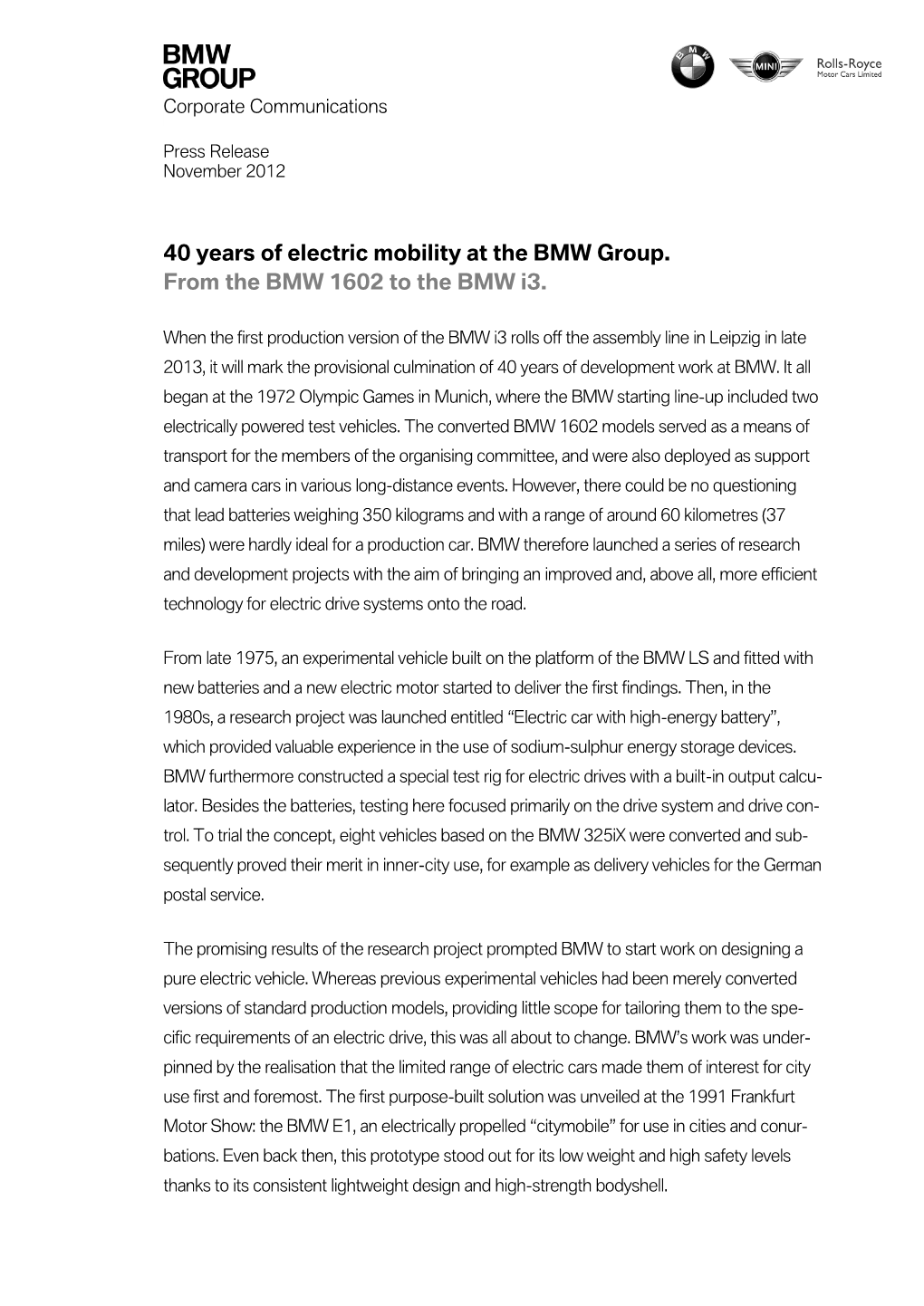 40 Years of Electric Mobility at the BMW Group. from the BMW 1602 to the BMW I3