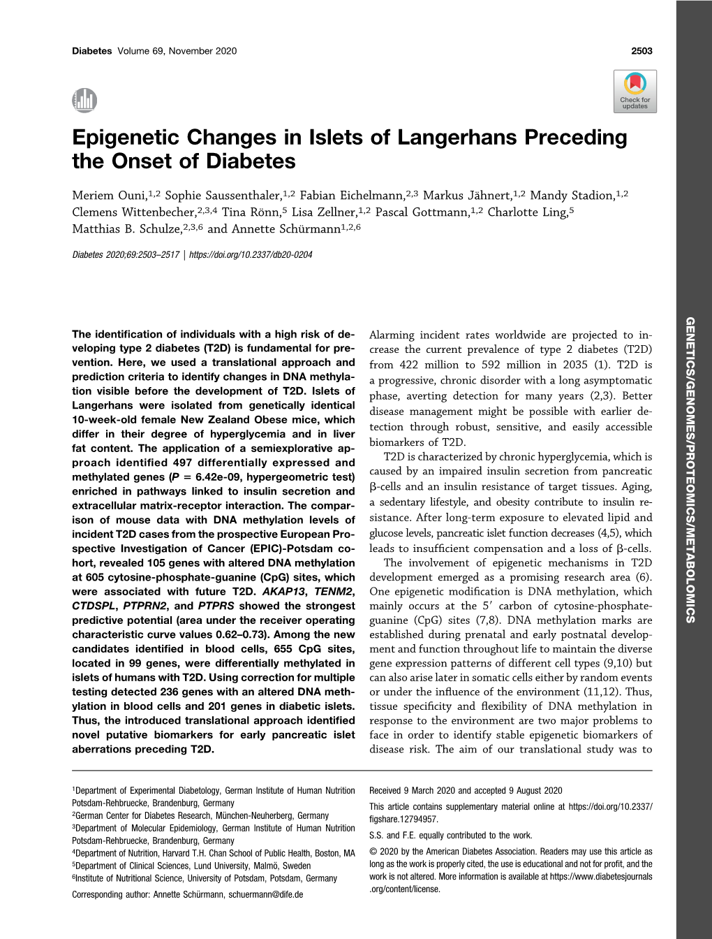 Epigenetic Changes in Islets of Langerhans Preceding the Onset of Diabetes