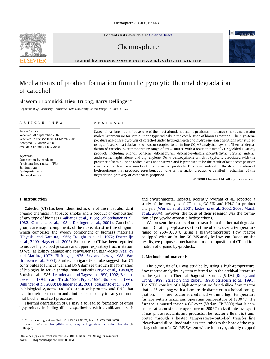 Mechanisms of Product Formation from the Pyrolytic Thermal Degradation of Catechol