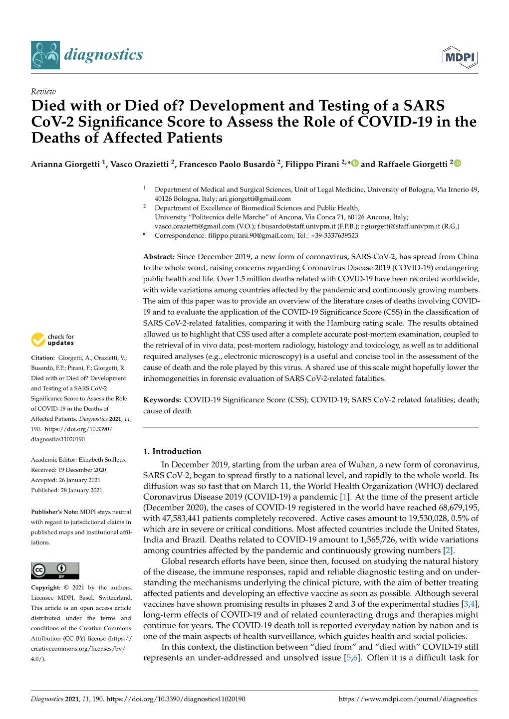 Development and Testing of a SARS Cov-2 Significance Score to Assess