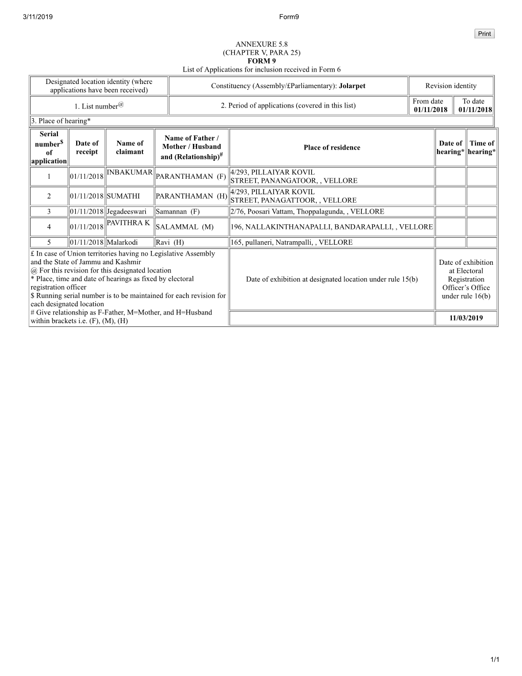 ANNEXURE 5.8 (CHAPTER V, PARA 25) FORM 9 List of Applications For