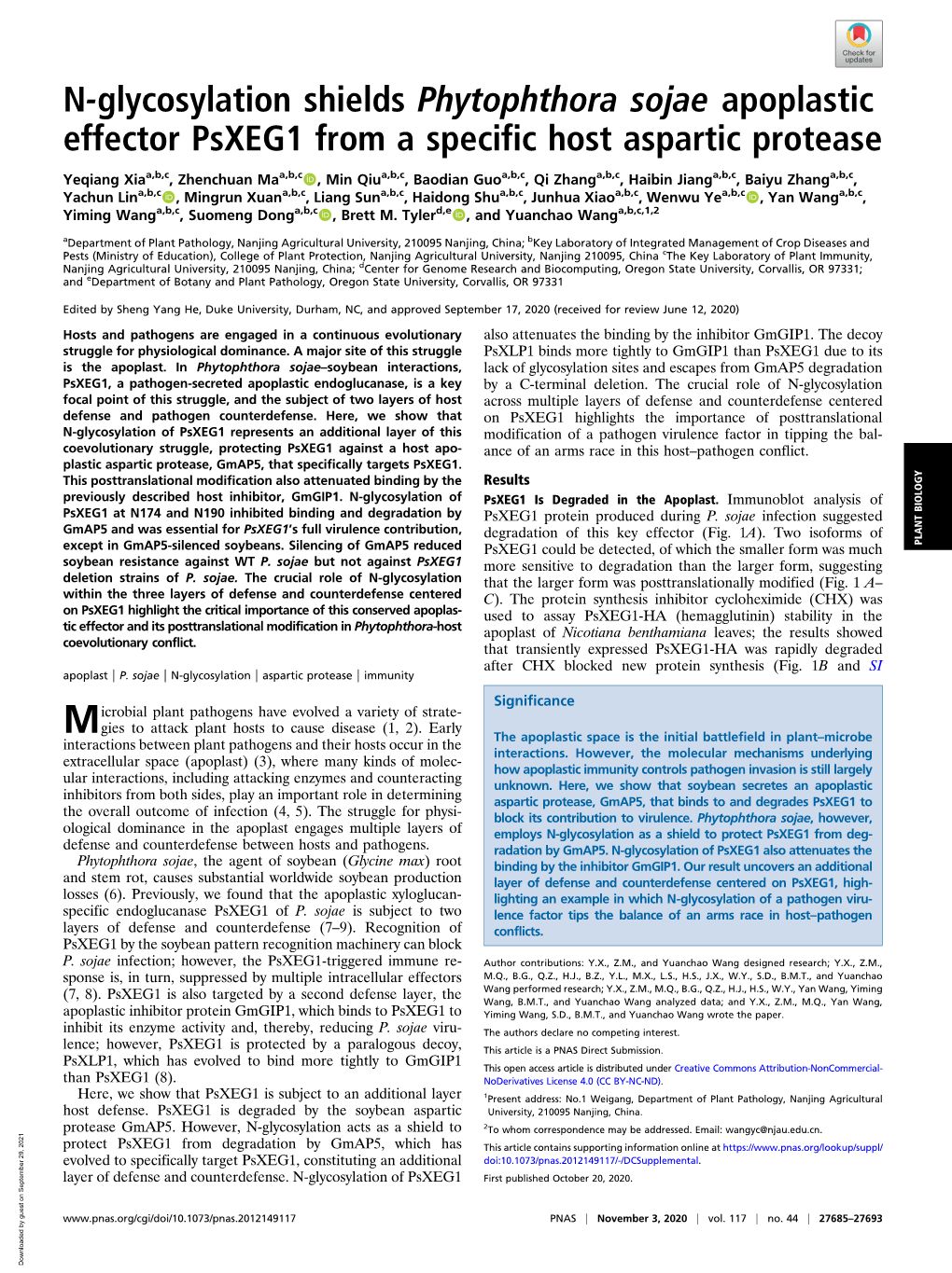 N-Glycosylation Shields Phytophthora Sojae Apoplastic Effector Psxeg1 from a Specific Host Aspartic Protease