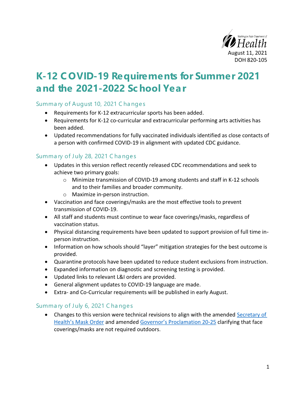 K-12 COVID-19 Requirements 2021-2022 School Year