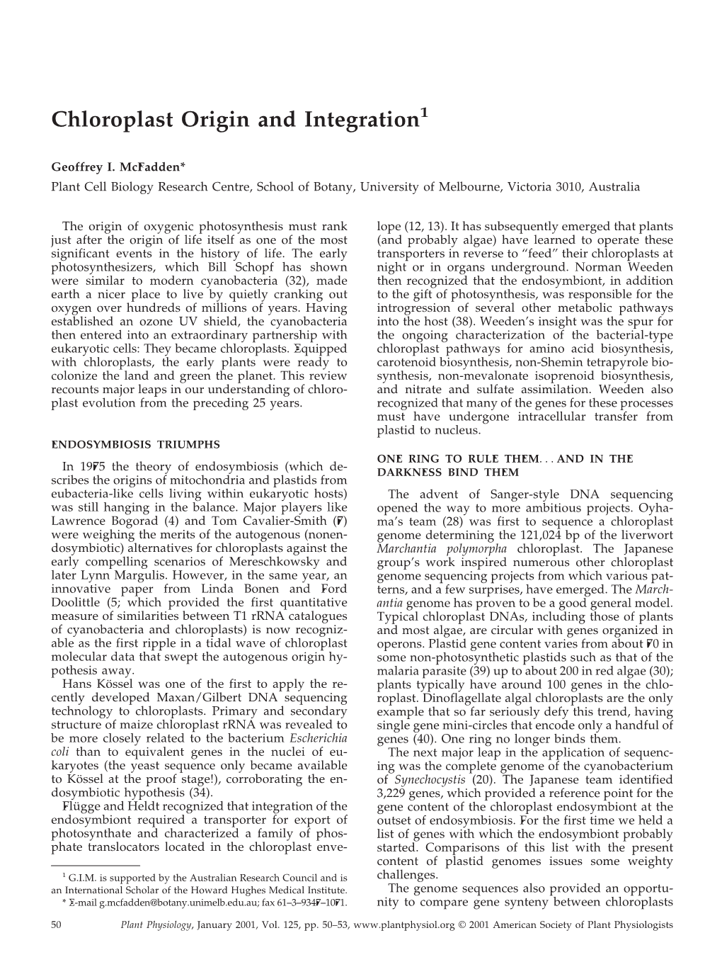 Chloroplast Origin and Integration1