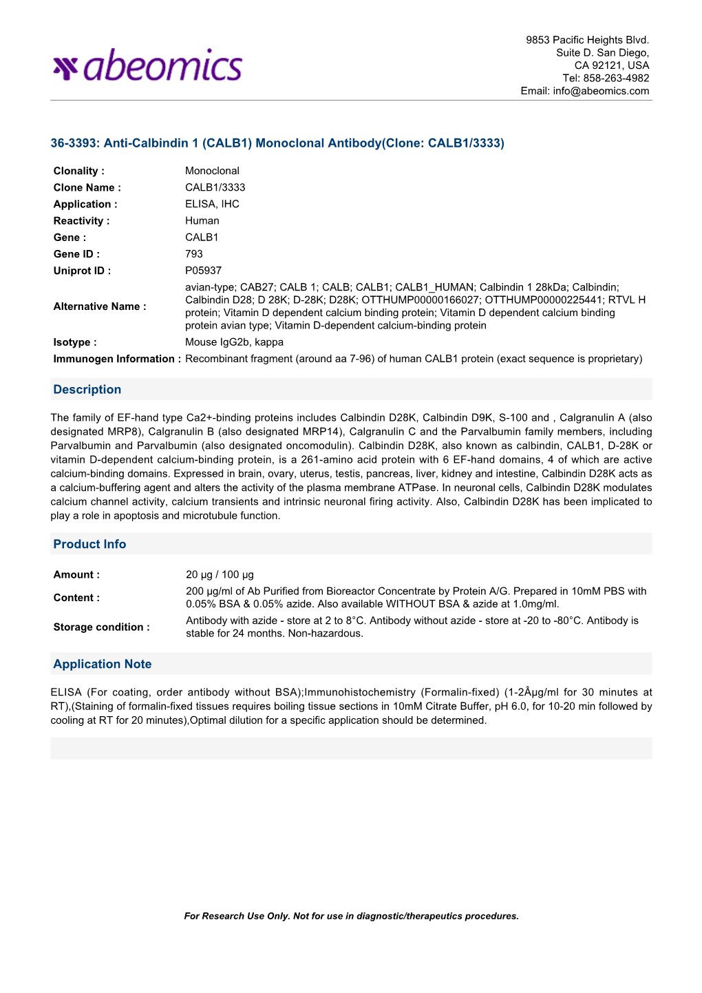 36-3393: Anti-Calbindin 1 (CALB1) Monoclonal Antibody(Clone: CALB1/3333)