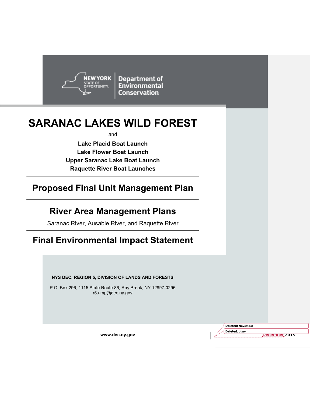 Saranac Lakes Wild Forest Proposed Final UMP Redline