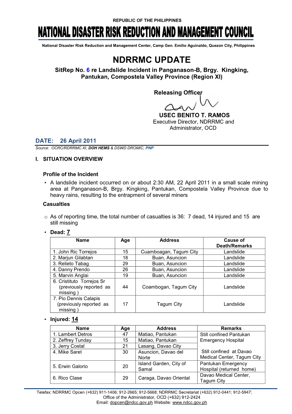 NDRRMC Sitrep No.6 Re Landslide in Compostela Valley 26 April 2011