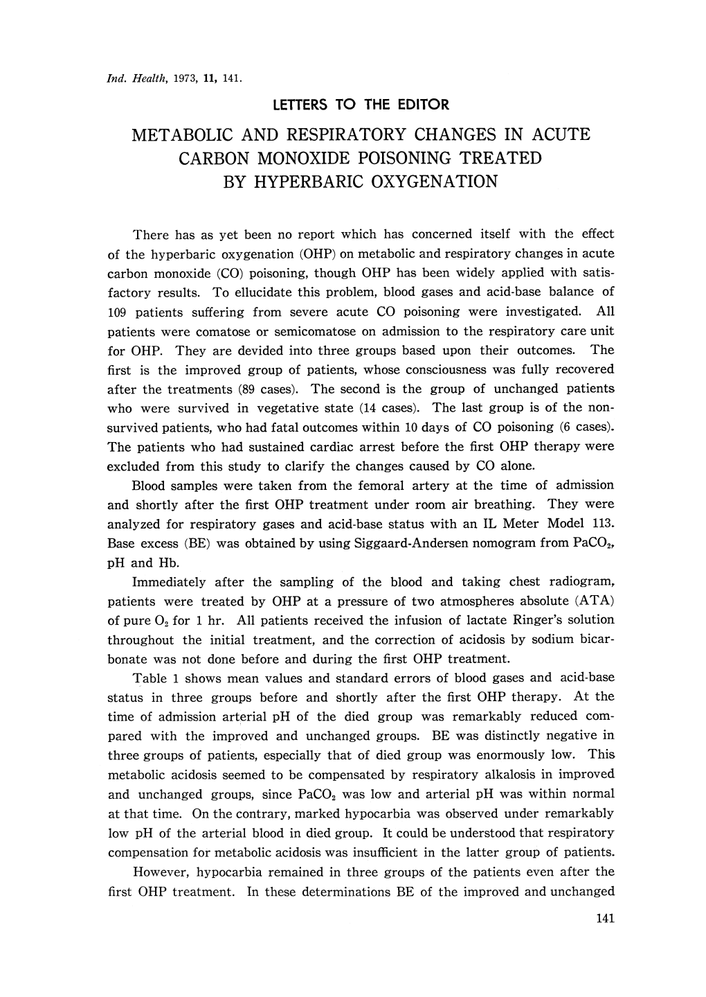 Metabolic and Respiratory Changes in Acute Carbon Monoxide Poisoning Treated by Hyperbaric Oxygenation