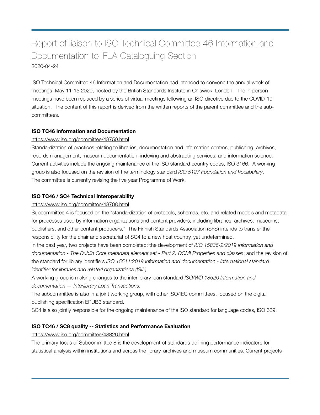 ISO TC46 to IFLA Cataloguing Section 2020 April