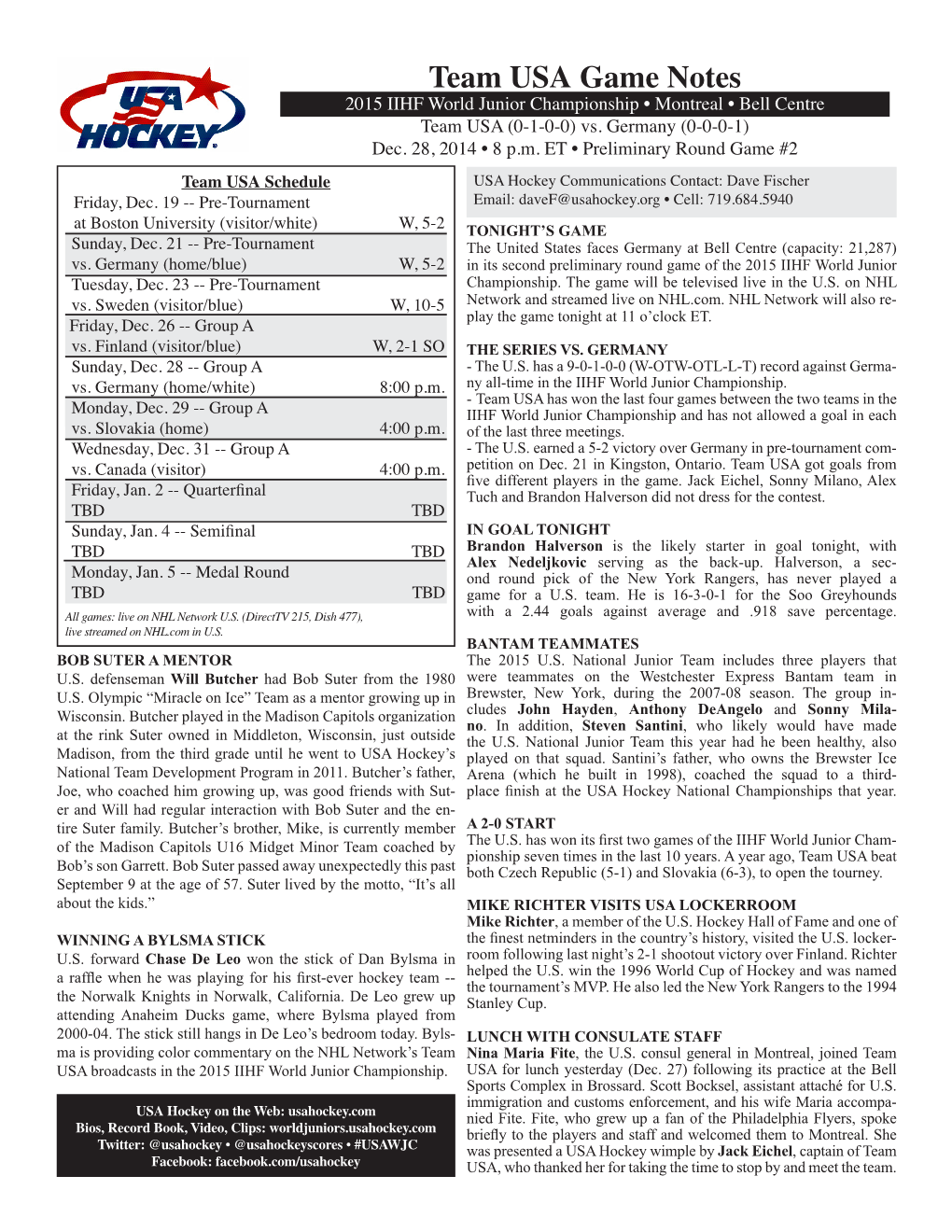 Game Notes • Vs. Germany • Dec