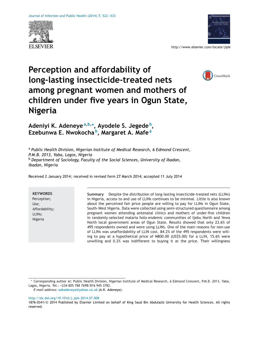 Perception and Affordability of Long-Lasting Insecticide-Treated Nets 523