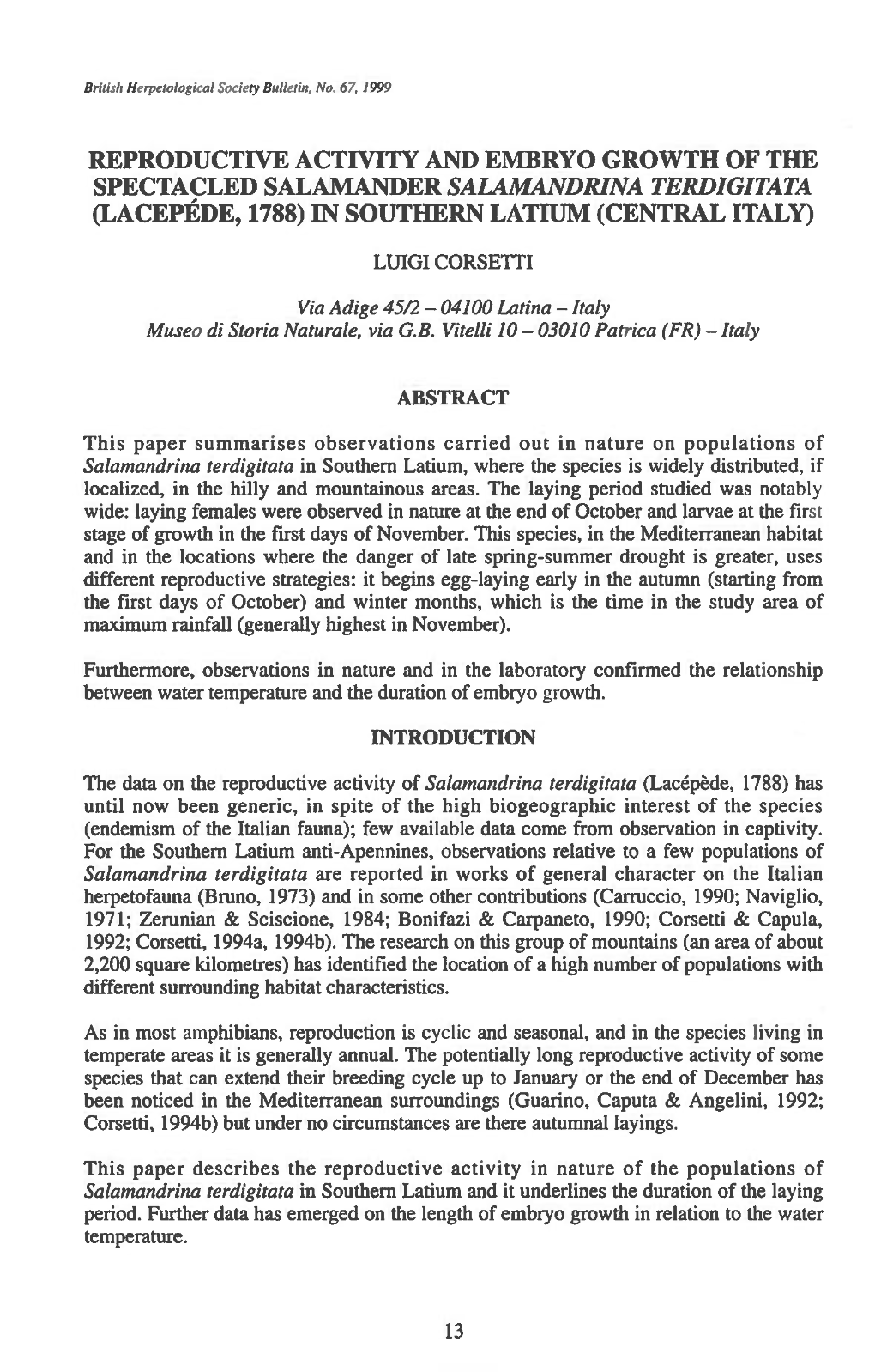 Reproductive Activity and Embryo Growth of the Spectacled Salamander Salamandrina Terdigitata (Lacepede, 1788) in Southern Latium (Central Italy)