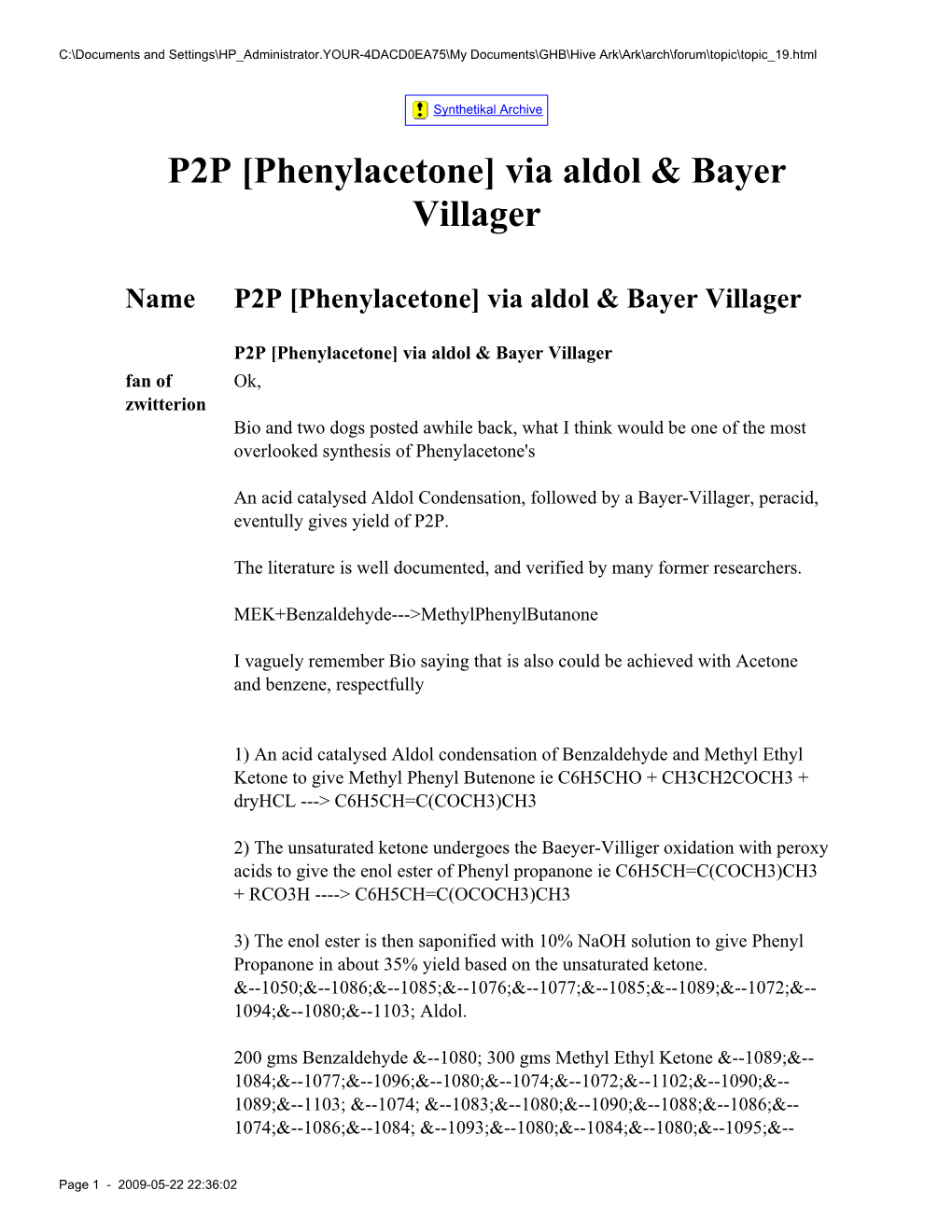 P2P [Phenylacetone] Via Aldol & Bayer Villager