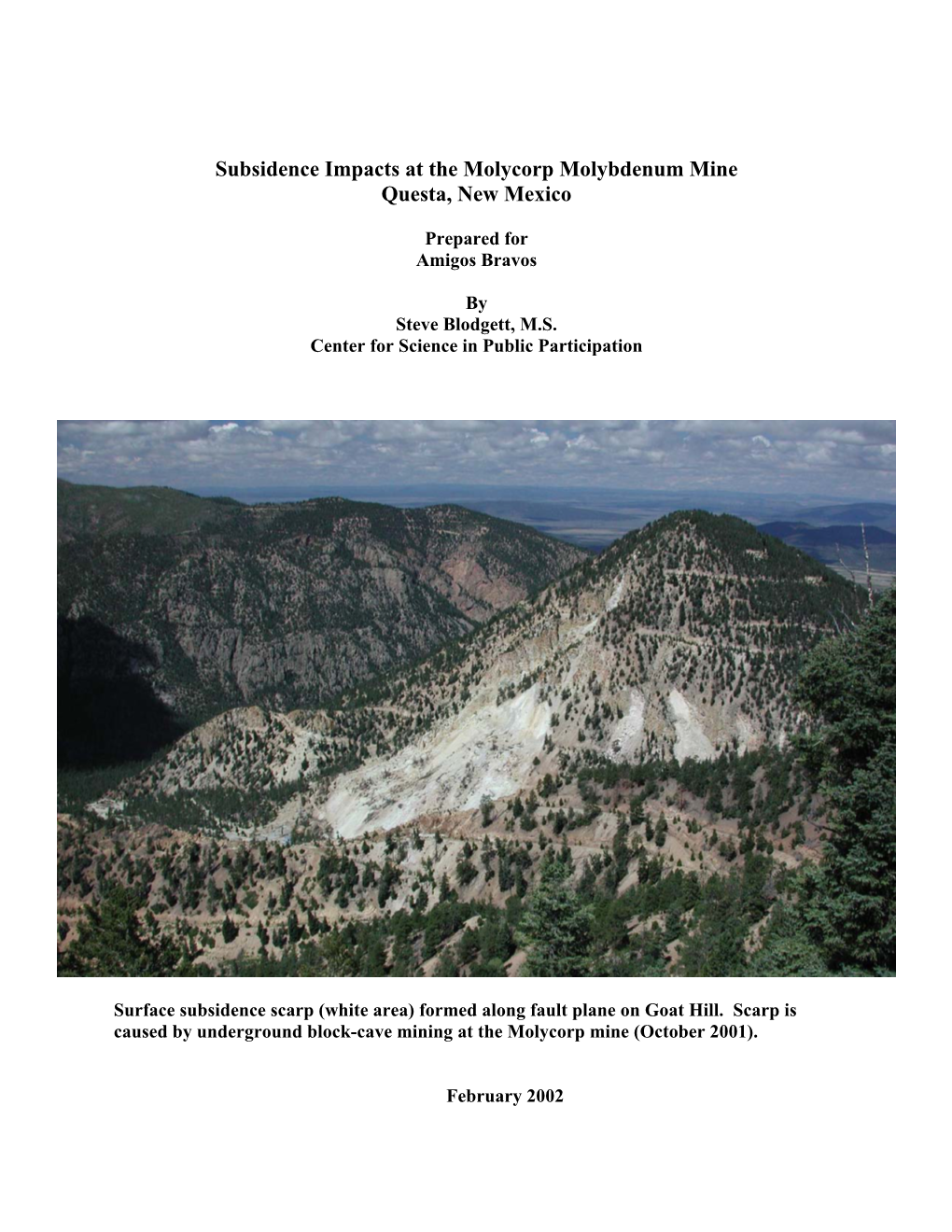 Subsidence Impacts at the Molycorp Molybdenum Mine Questa, New Mexico