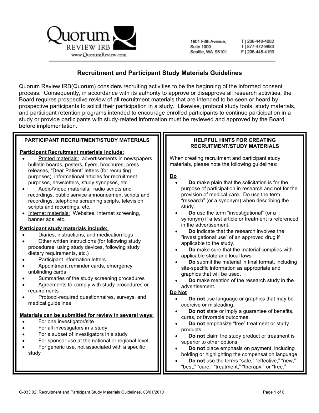 Recruitment and Participant Study Materials Guidelines