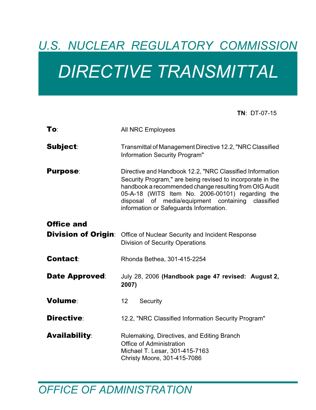 NRC Management Directive 12.2