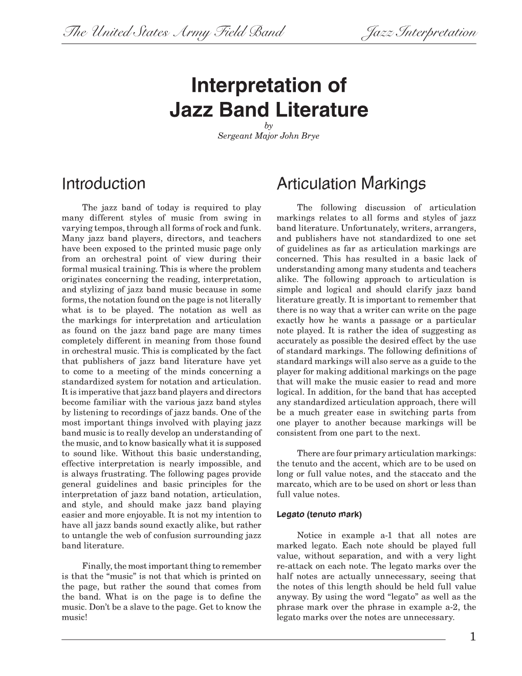 Interpretation of Jazz Band Literature by Sergeant Major John Brye