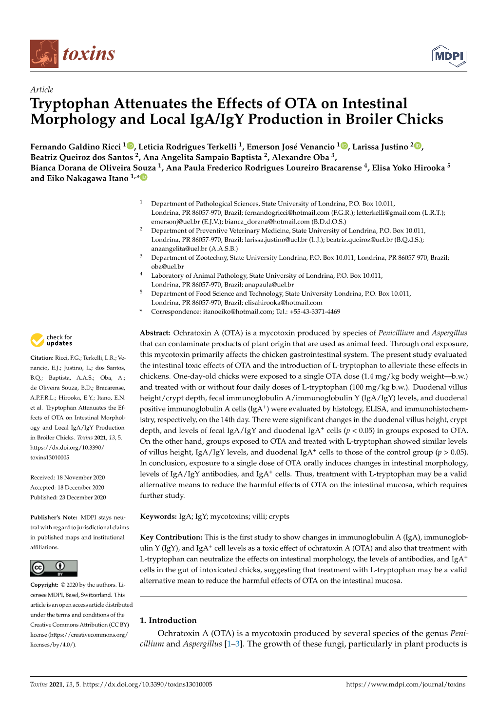 Tryptophan Attenuates the Effects of OTA on Intestinal Morphology and Local Iga/Igy Production in Broiler Chicks