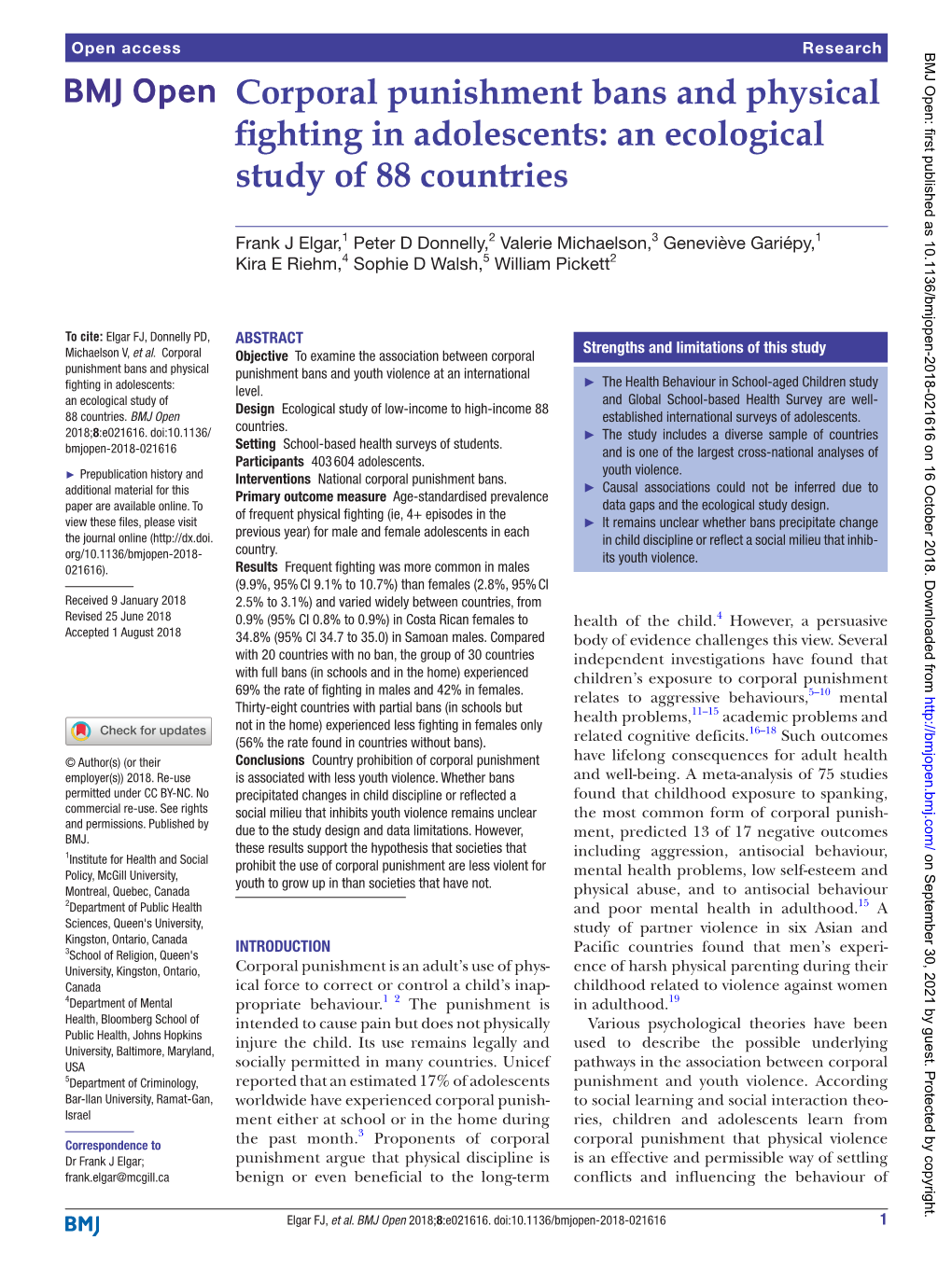 Corporal Punishment Bans and Physical Fighting in Adolescents: an Ecological Study of 88 Countries