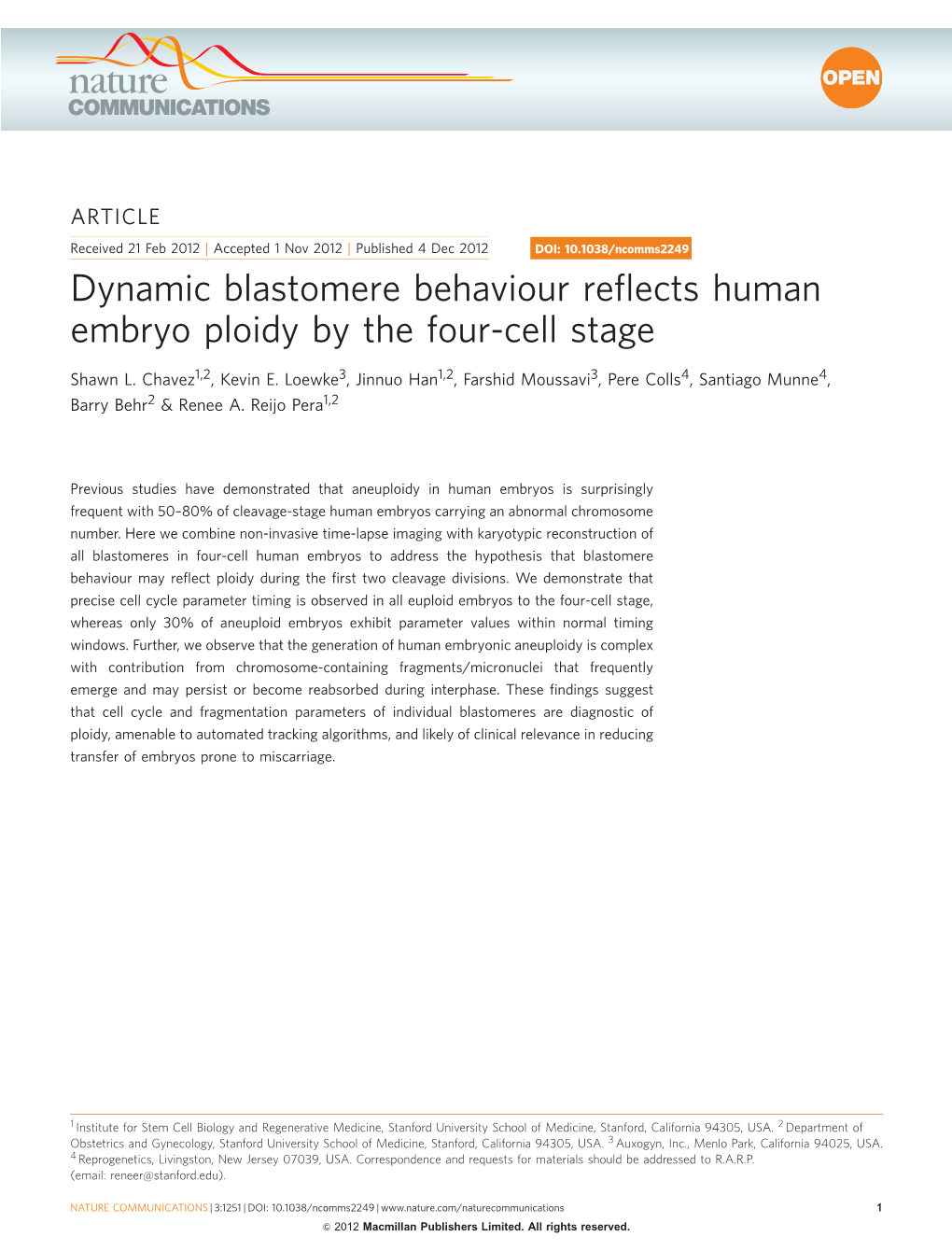 Dynamic Blastomere Behaviour Reflects Human Embryo Ploidy By