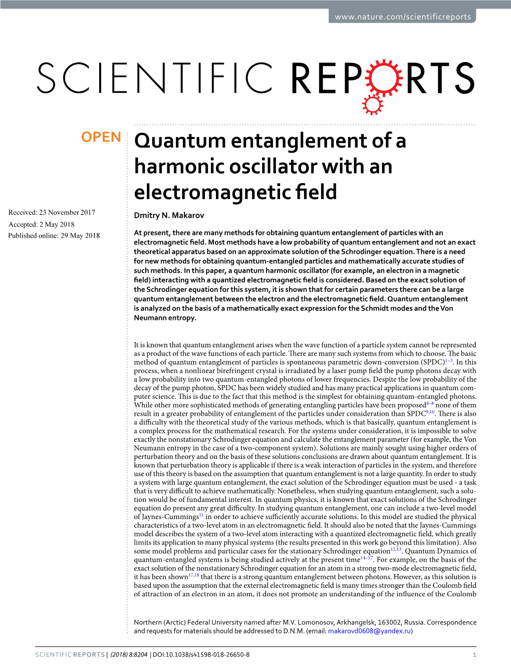 Quantum Entanglement of a Harmonic Oscillator with an Electromagnetic Field
