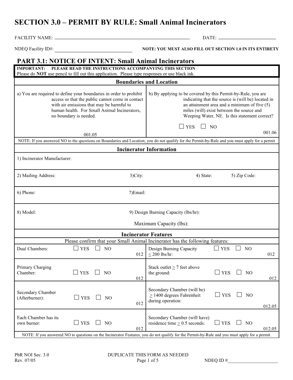 SECTION 3.0 PERMIT by RULE: Small Animal Incinerators