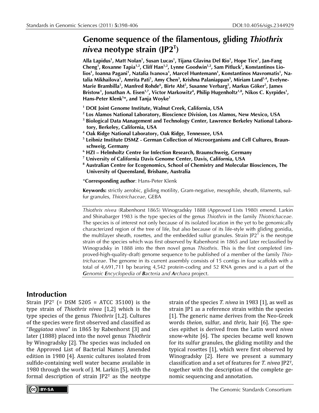 Thiothrix Nivea Neotype Strain (JP2T)