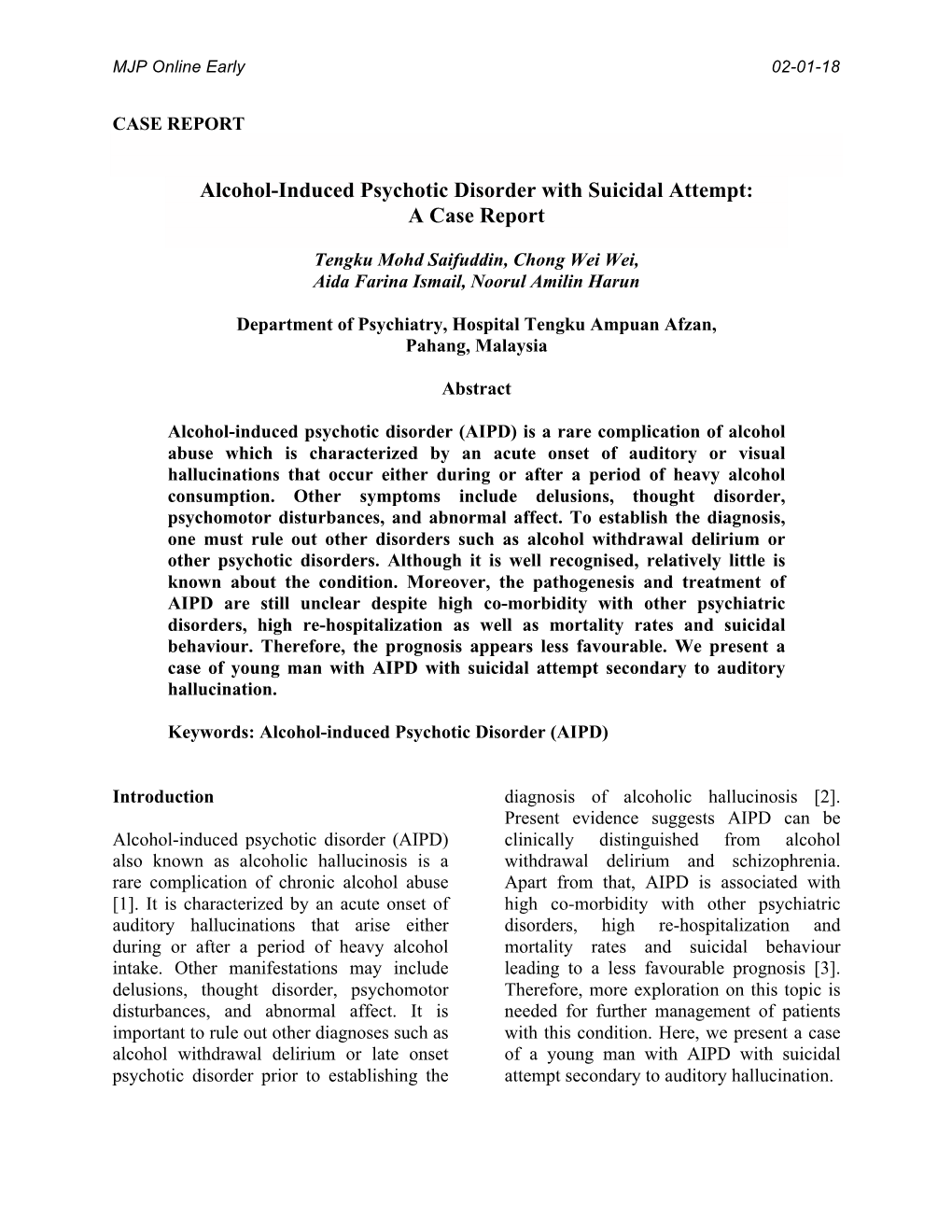 Alcohol-Induced Psychotic Disorder with Suicidal Attempt: a Case Report