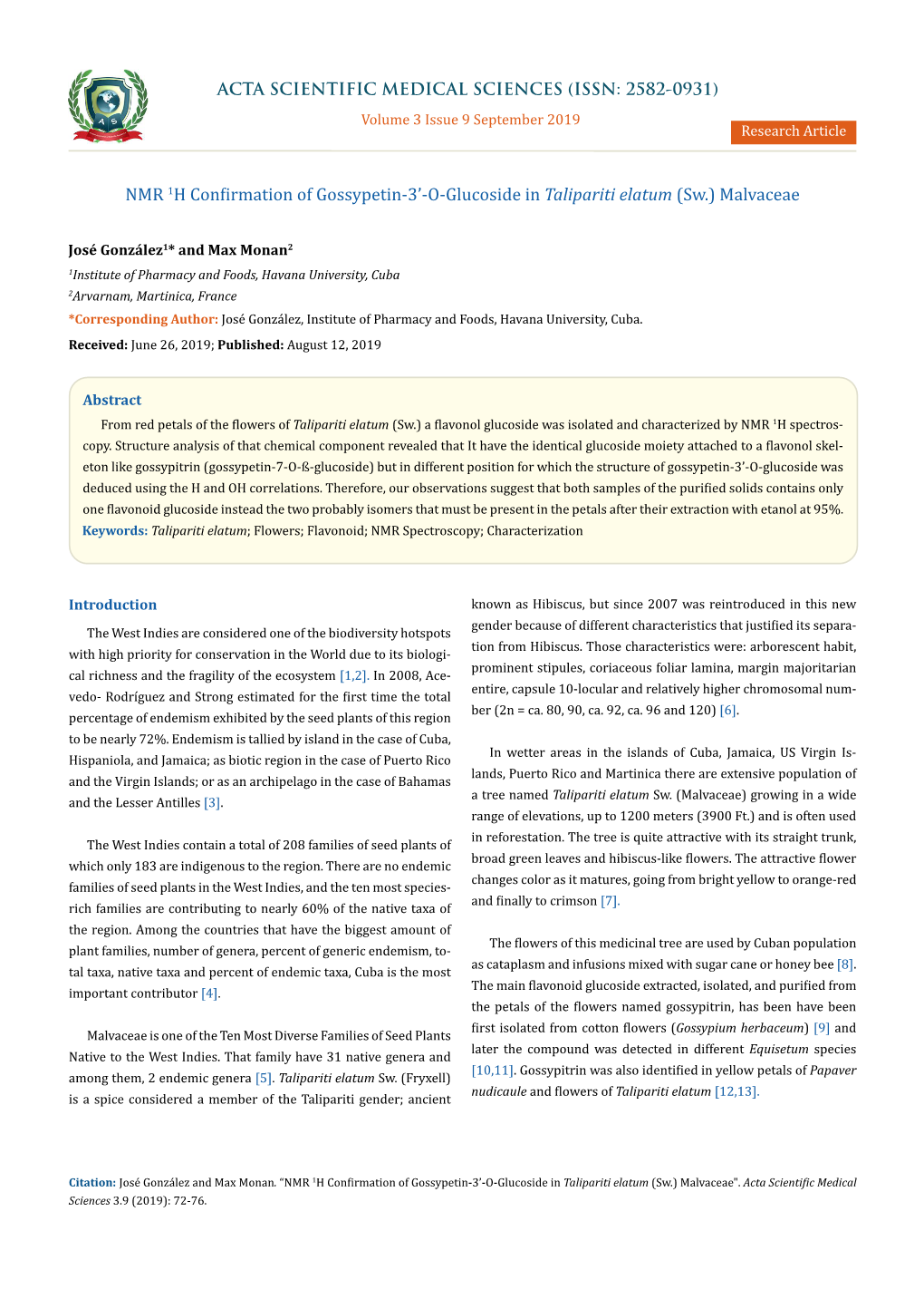 NMR 1H Confirmation of Gossypetin-3'-O-Glucoside In