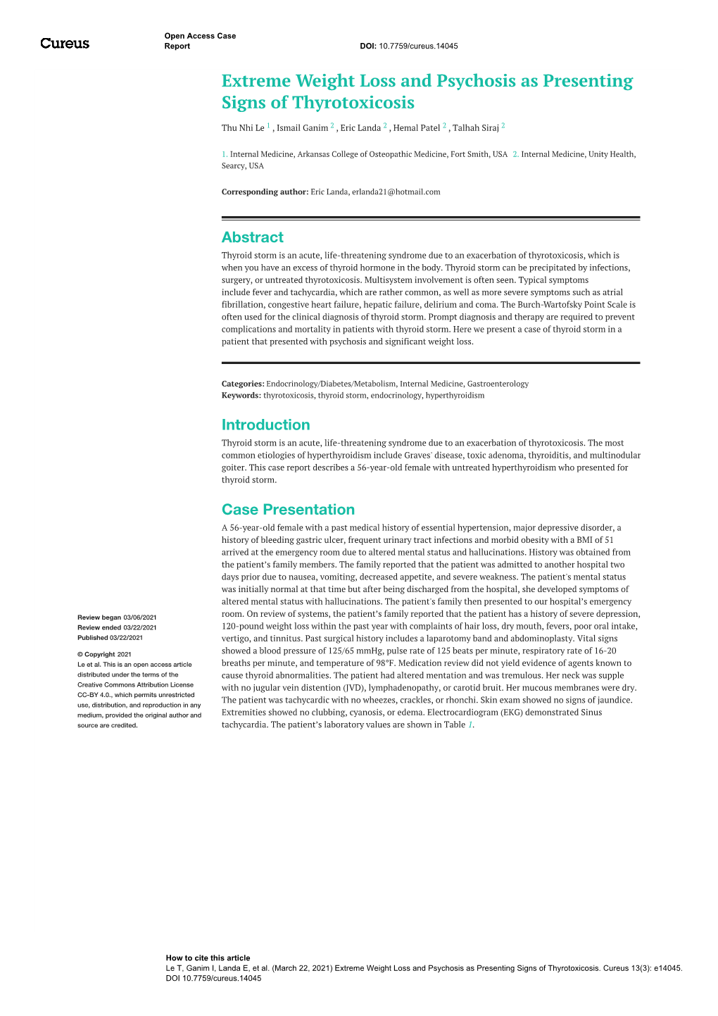 Extreme Weight Loss and Psychosis As Presenting Signs of Thyrotoxicosis