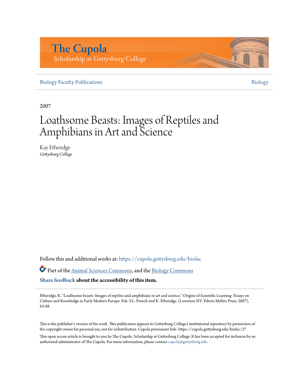 Loathsome Beasts: Images of Reptiles and Amphibians in Art and Science Kay Etheridge Gettysburg College