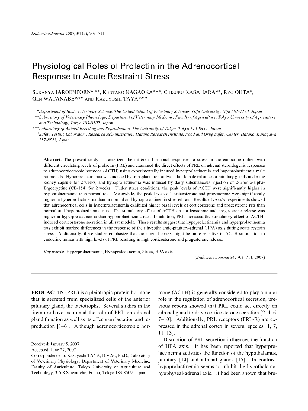 Physiological Roles of Prolactin in the Adrenocortical Response to Acute Restraint Stress