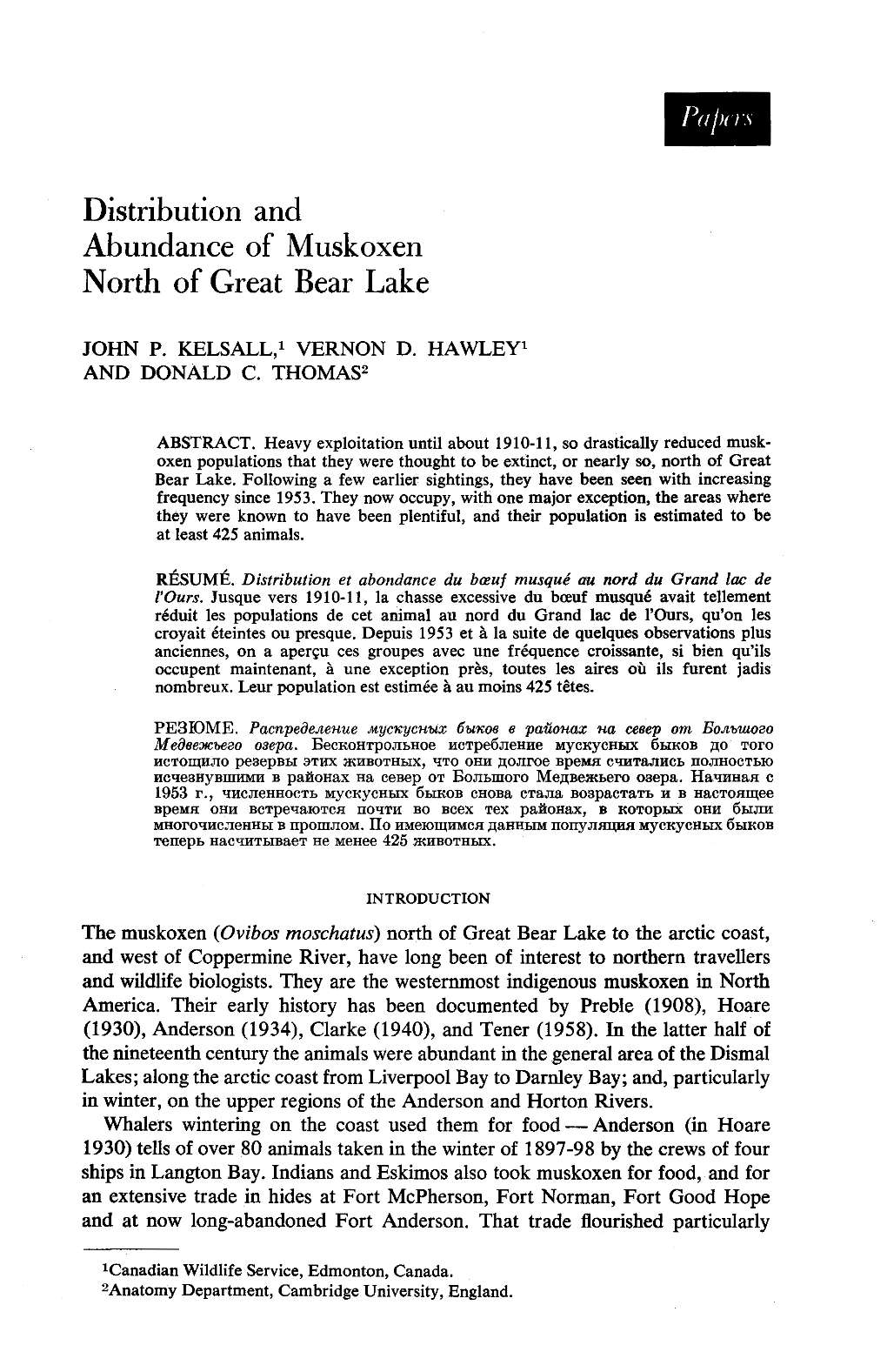 Distribution and Abundance of Muskoxen North of Great Bear Lake