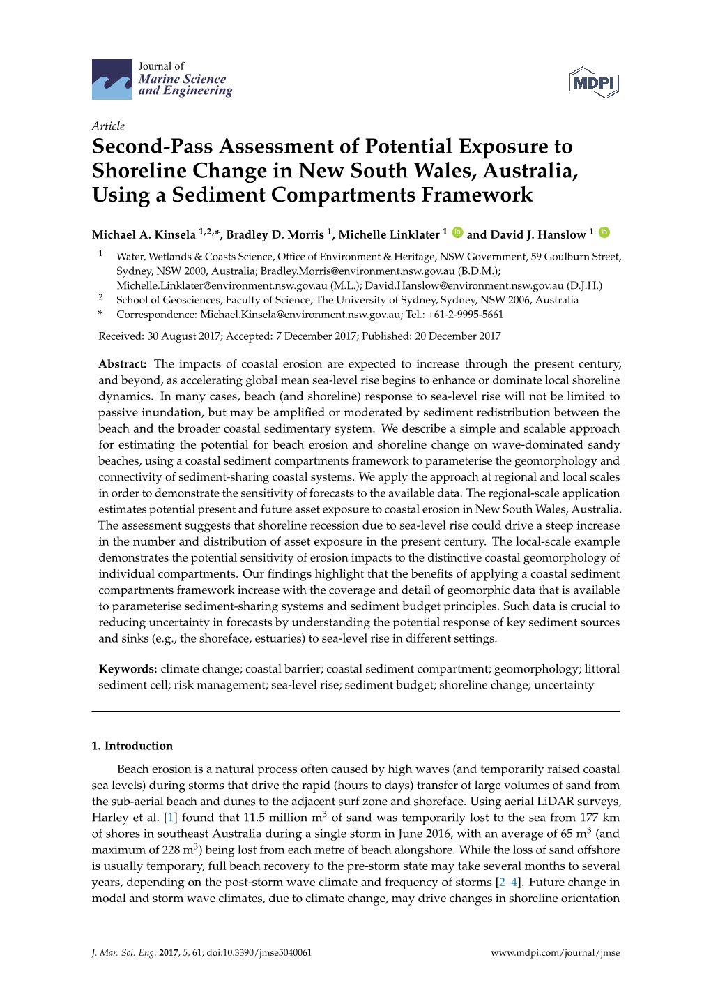 Second-Pass Assessment of Potential Exposure to Shoreline Change in New South Wales, Australia, Using a Sediment Compartments Framework