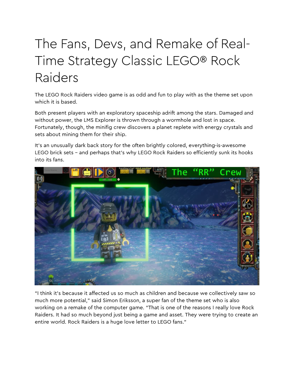 The Fans, Devs, and Remake of Real-Time Strategy Classic LEGO® Rock Raiders Feature and Transcript