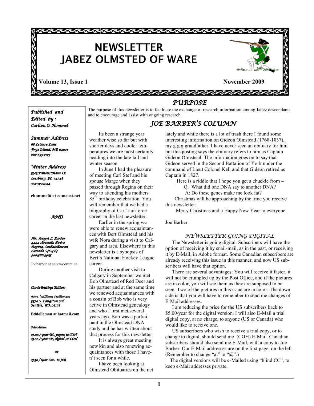 Newsletter Jabez Olmsted of Ware