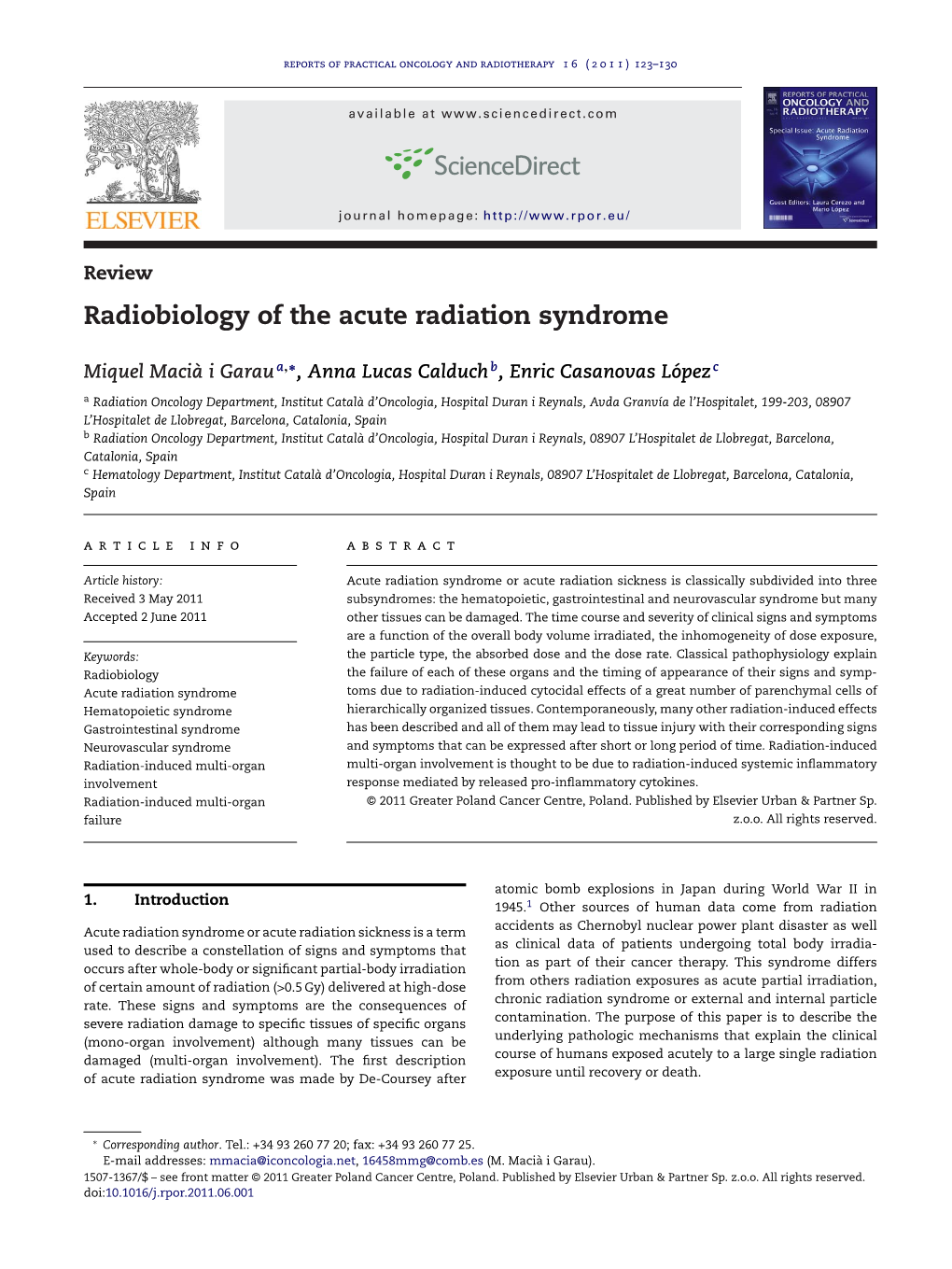 Radiobiology of the Acute Radiation Syndrome