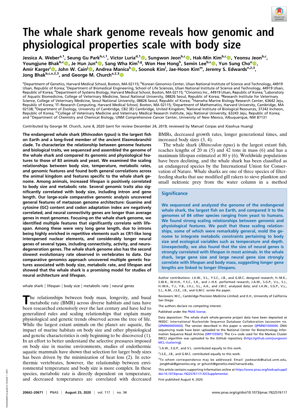 The Whale Shark Genome Reveals How Genomic and Physiological Properties Scale with Body Size