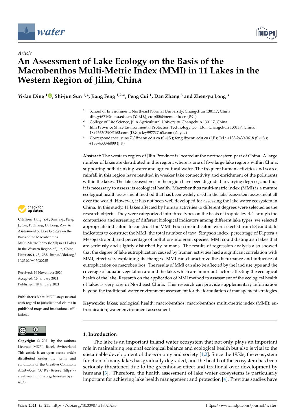 (MMI) in 11 Lakes in the Western Region of Jilin, China