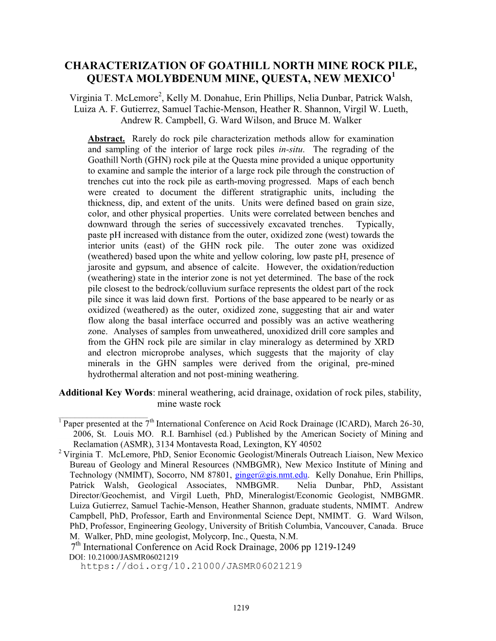 Characterization of Goathill North Mine Rock Pile, Questa Molybdenum Mine, Questa, New Mexico1