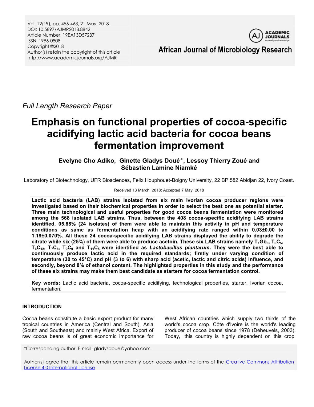 Emphasis on Functional Properties of Cocoa-Specific Acidifying Lactic Acid Bacteria for Cocoa Beans Fermentation Improvement